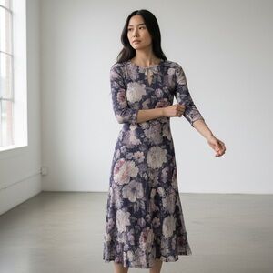 Komarov Charmeuse floral crinkle mesh midi dress L blue-pink romantic a-line